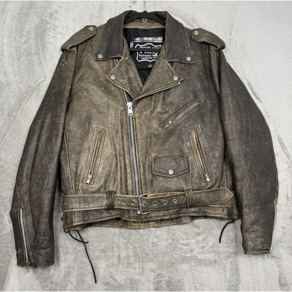 Vintage Brown Leather Moto Jacket Mens Medium First Genuine Biker Belted 90s Y2K